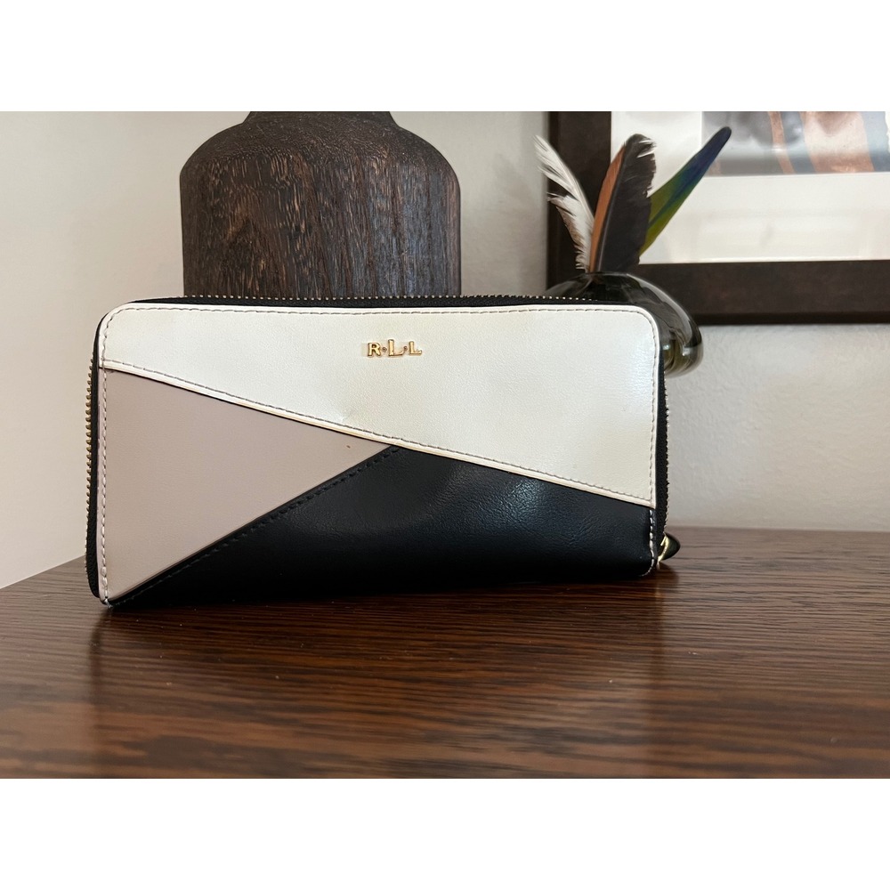 Lauren Ralph Lauren Zip Around Wallet Black White Taupe Color block Leather